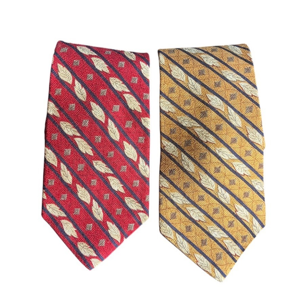LOT OF 2, Paul Fredrick ITALIAN SILK NECK TIE Gold Red Leaves DIAGONAL STRIPES
